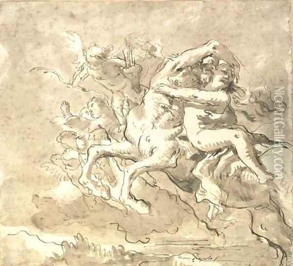A centaur carrying off a nymph, accompanied by putti Oil Painting - Giovanni Domenico Tiepolo