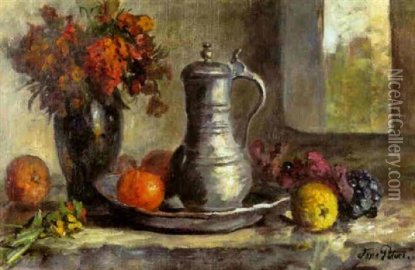 Stilleben Mit Herbstblumen, Fruchten Und Zinnkanne Oil Painting - Anna Peters