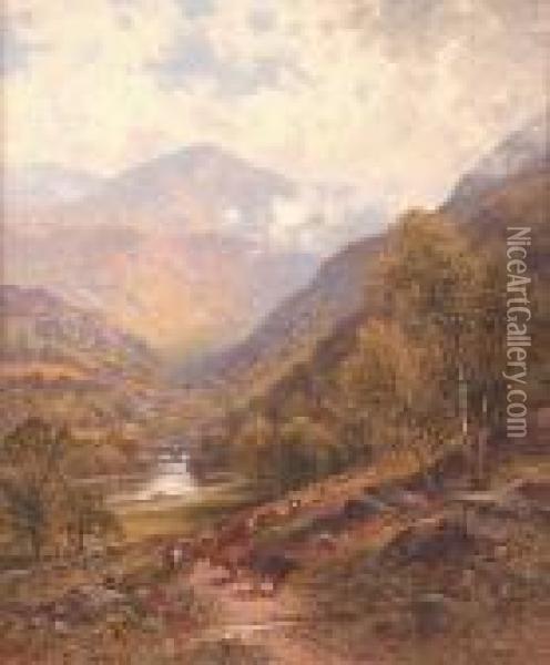 A Drover With His Cattle In A River Valley Oil Painting - Alfred Augustus Glendening