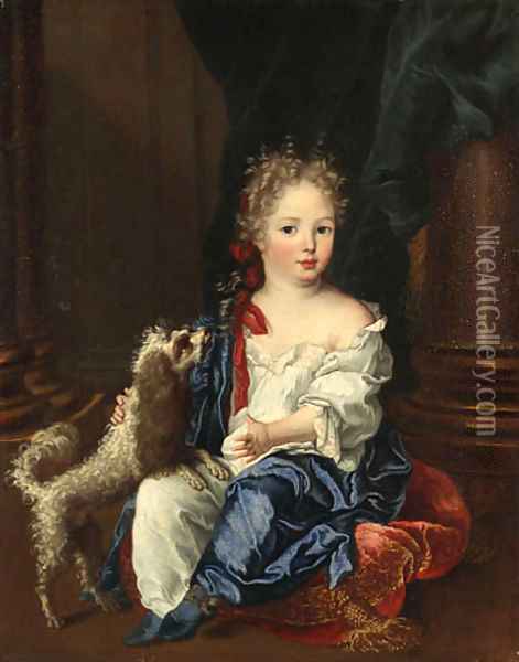 Portrait of a girl with a poodle, full-length, seated, in a white chemise and blue shawl Oil Painting - Largilliere, Nicholas de