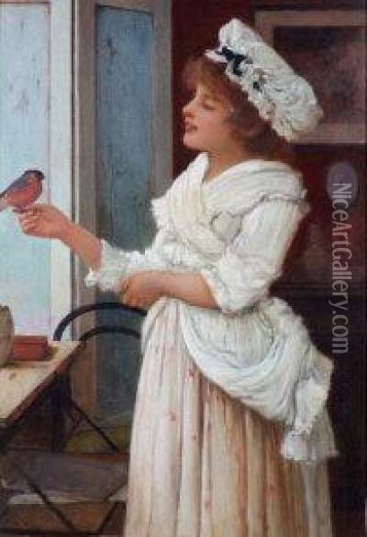 A Young Woman At A Window With A Finch Perched On Her Hand Oil Painting - Oliver Rhys