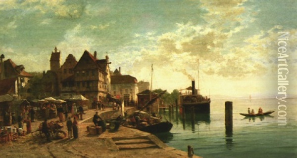 Blick Auf Das Alte Buchhorn Mit Angelegtem Schiff Und Markttreiben Am Ufer Oil Painting - Georg Dehn