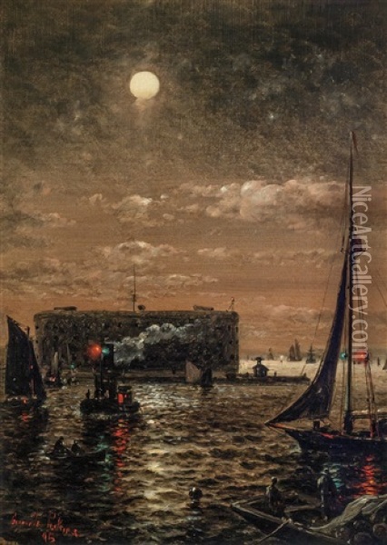 Moonlight Over New York Harbor Oil Painting - Granville Perkins