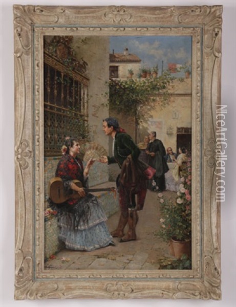 Italian Couryard Scene With Woman And Guitar Oil Painting - Jose Rico y Cejudo
