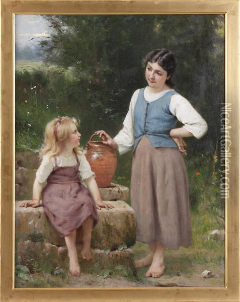 The Littleneighbor Oil Painting - Francois Alfred Delobbe