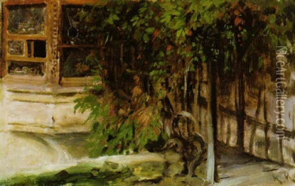 Garten Mit Weinumrankter Pergola Oil Painting - Hermann Kaulbach