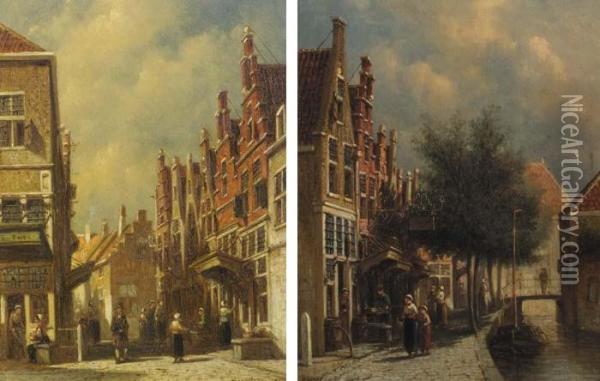 Numerous Figures In A Street; A View Of A Canal In A City Oil Painting - Pieter Gerard Vertin