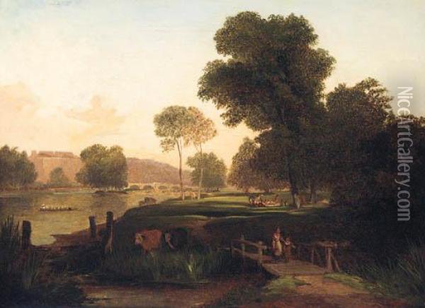 Figures In A Meadow With Richmond Bridge Beyond Oil Painting - George W. Pettitt