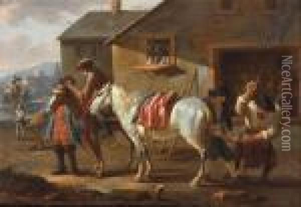 A Horse Being Given A New Shoe Outside A Blacksmith's Oil Painting - August Querfurt