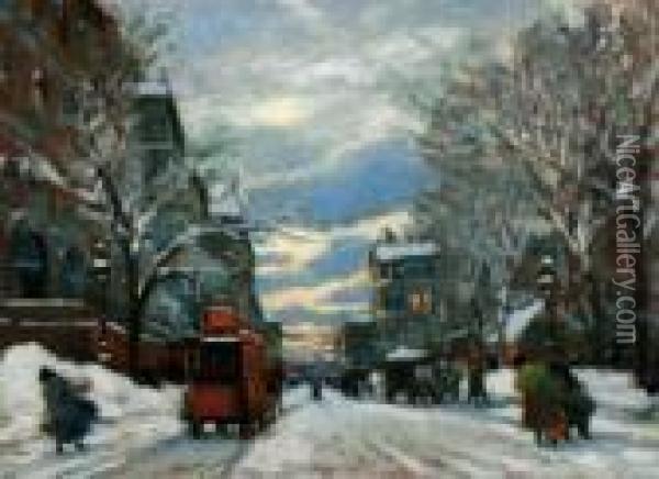 Winters Straatbeeld Bij Avond Oil Painting - Antal Berkes