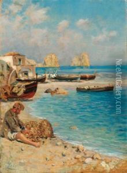 Pescatore Sulla Spiaggia, Capri Oil Painting - Antonino Leto