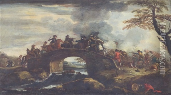 Cavalry Engagement On A River Bridge Oil Painting - Palamedes Palamedesz the Elder