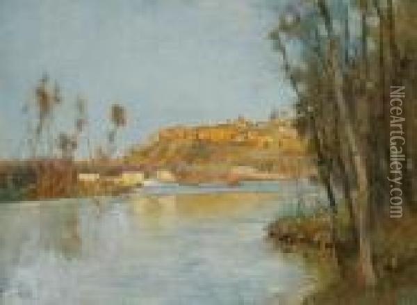 View Of A Riverside Town Oil Painting - Alexandre Gabriel Decamps