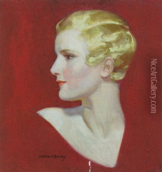 Profile Of Blond, Short-haired Woman, Red Background Oil Painting - Mcclelland Barclay