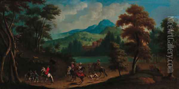 A hunting party in an extensive river landscape Oil Painting - Jan Wyck