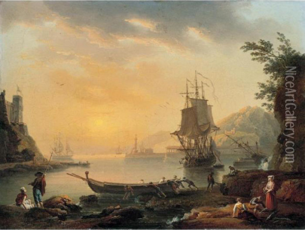 A Mediterranean Harbour Scene With Figures On The Shore, And Fisherman Launching A Boat Oil Painting - Charles Francois Lacroix de Marseille