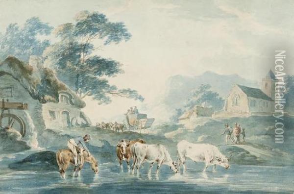 Cattle In A Stream With Watermill, Coach And Horses, Church And Cottages Beyond Oil Painting - Peter La Cave