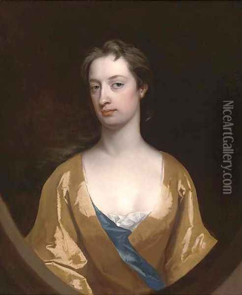 Portrait of Mrs Dunbar, half-length, in a yellow gown, feigned half oval Oil Painting - Charles Jervas