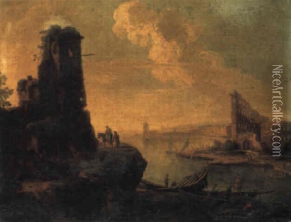 A Coastal Landscape With Fisherfolk By A Ruined Tower Oil Painting - Paolo Anesi