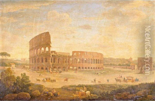 View Of The Colosseum And The Arch Of Constantine, Rome Oil Painting - Hendrik Frans Van Lint