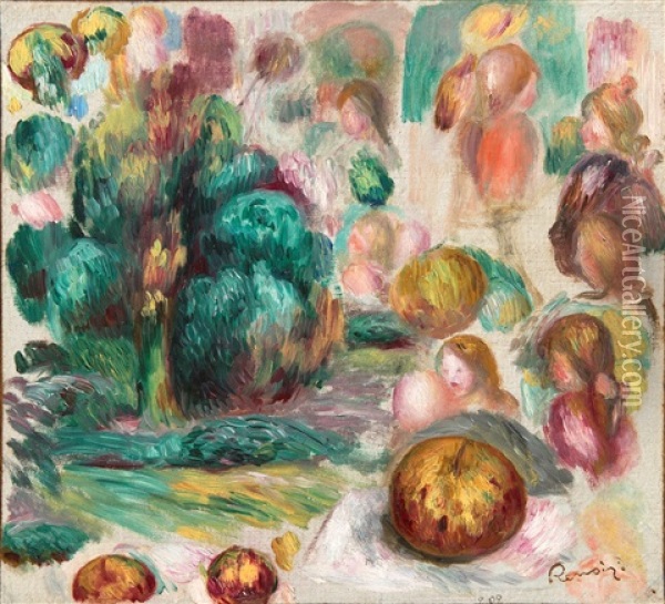 Blumenstrauss In Einer Metallvase Mit Blattdekor Oil Painting - Pierre-Auguste Renoir