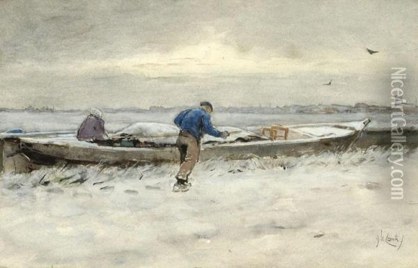 A Farmer And His Flatboat In A Winter Landscape Oil Painting - Adolf Le Comte