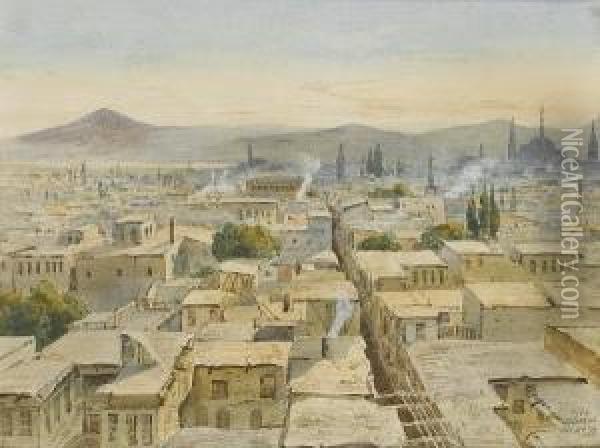 View Of Damascus From The Minaret At Theeastern Gate (bab Al-sharqi), Mount Hermon In The Distance Oil Painting - Peter Petersen Toft