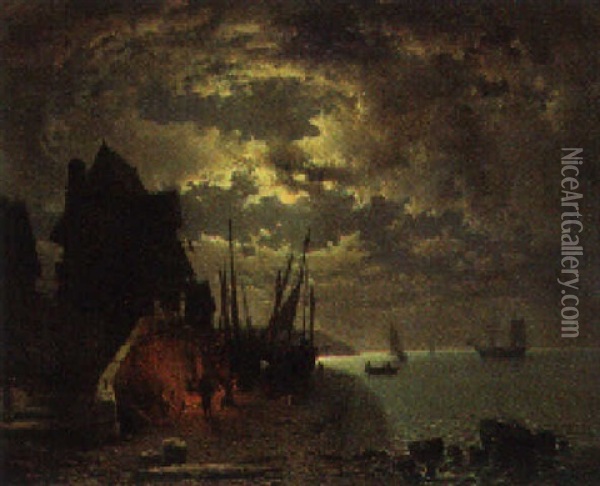 Fisherfolk Before A Fire At Low Tide, In A Moonlit Coastal Inlet Oil Painting - Tony-Francois de Bergue