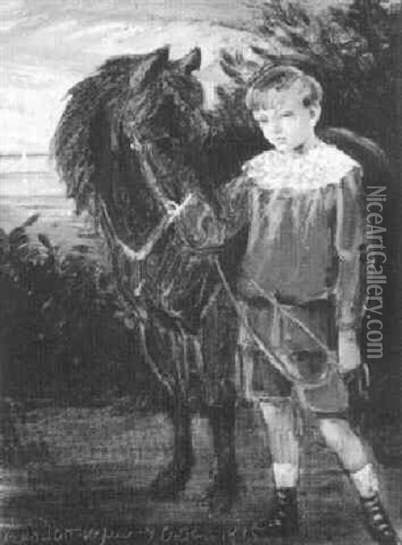 Lille Dreng Staende Med En Pony Oil Painting - Harald Slott-Moller