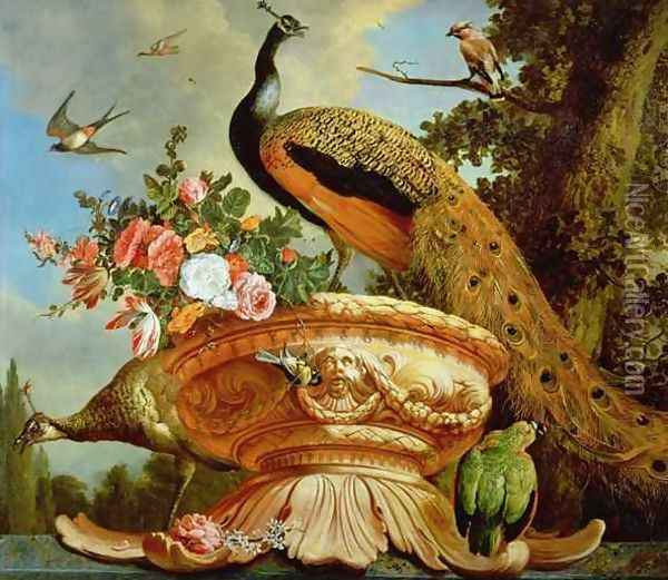 A Peacock on a Decorative Urn Oil Painting - Melchior de Hondecoeter