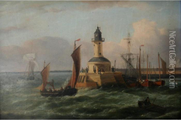 Ramsgate: Vessels Off The Lighthouse; Vessels In The Harbour Oil Painting - George Webster