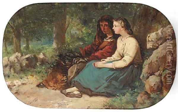 Faggot gatherers chatting in the woods Oil Painting - Frances Anne Hopkins
