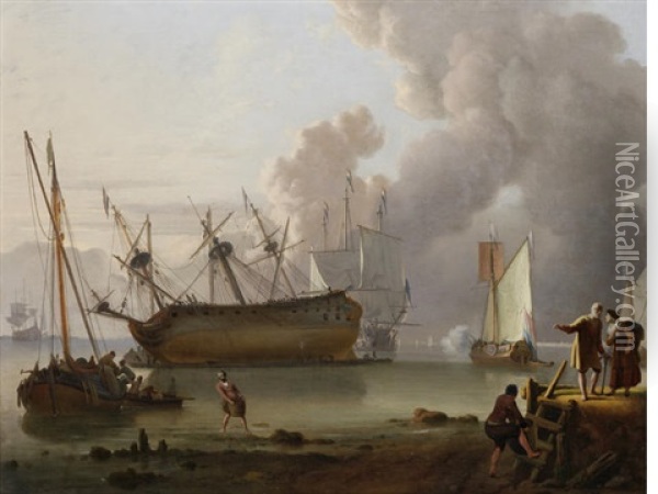 A Man O'war Being Caulked Offshore In A Calm, A Yacht Firing A Salute Nearby And A Man O'war Under Sail Beyond, Fishermen Unloading Their Catch And Peasants On A Jetty In The Foreground Oil Painting - Ludolf Backhuysen the Elder