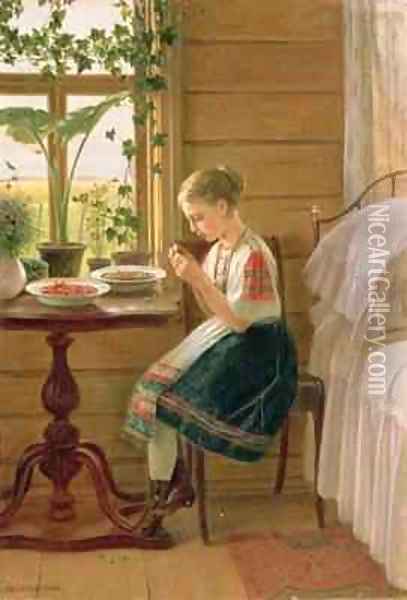 Girl Peeling Berries Oil Painting - Nikolai Mikhailovich Bykovsky