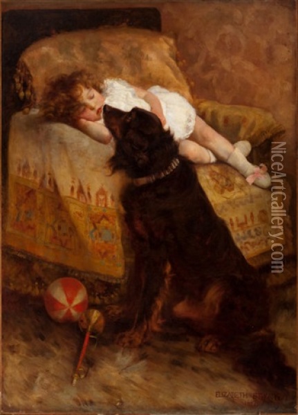 Sleeping Child With Dog Oil Painting - Elizabeth Strong