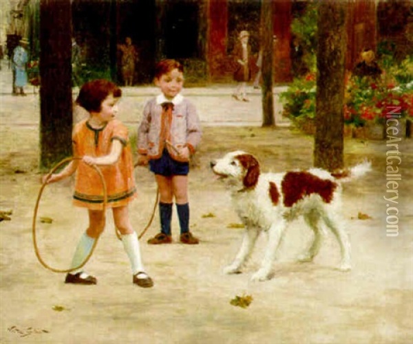 A Boy And A Girl With Hoops And A Dog Oil Painting - Victor Gabriel Gilbert