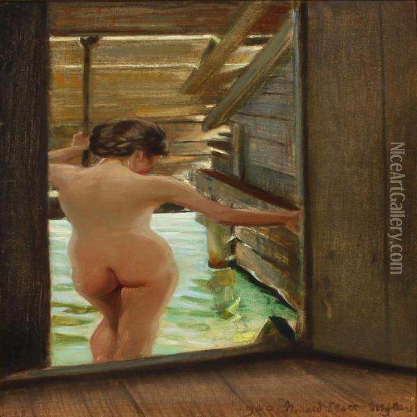 Nude Woman Bathing Oil Painting - Harald Slott-Moller