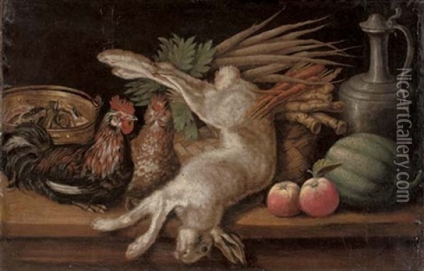 A Hare, Two Hens, Apples, A Melon, Carrots And Turnips In A Woven Basket And A Bucket Of Fish On A Table Oil Painting - Jacob van der Kerckhoven