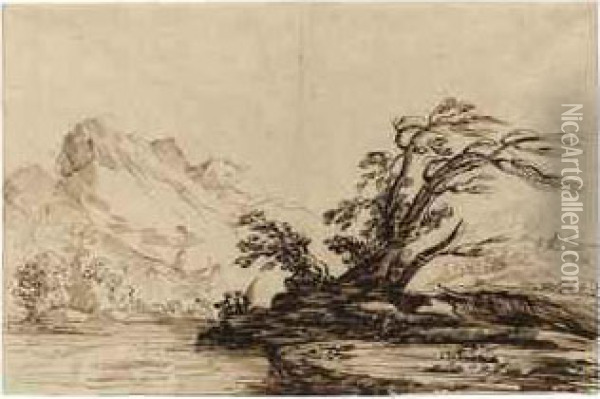 A River Landscape With A Fisherman Oil Painting - Guercino