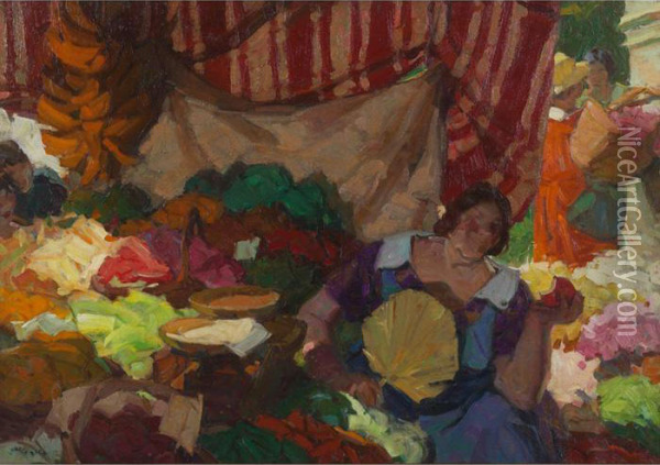 Market Scene Oil Painting - Walt S. Louderback