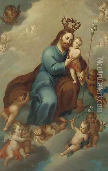 Saint Joseph and The Christ Child in Glory Oil Painting - Spanish School
