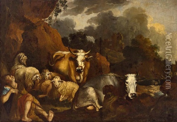 Hirtenidylle Mit Schafer Und Herde Oil Painting - Johann Heinrich Roos