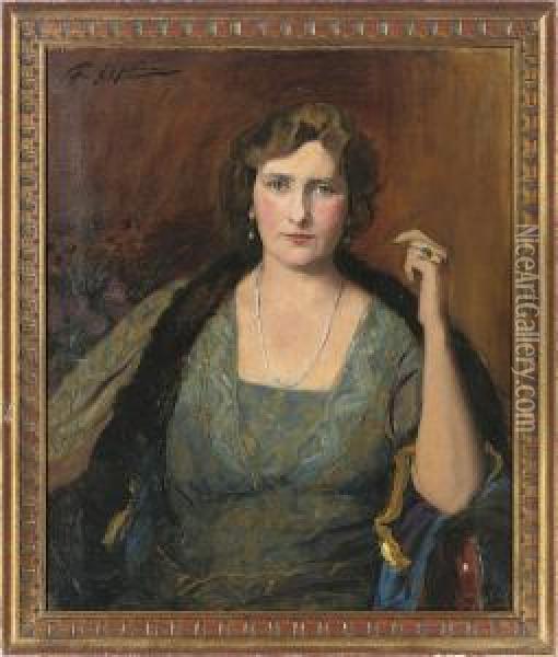 Portrait Of A Lady, Half-length, Seated In A Blue And Yellow Dress Oil Painting - Florence K. Upton