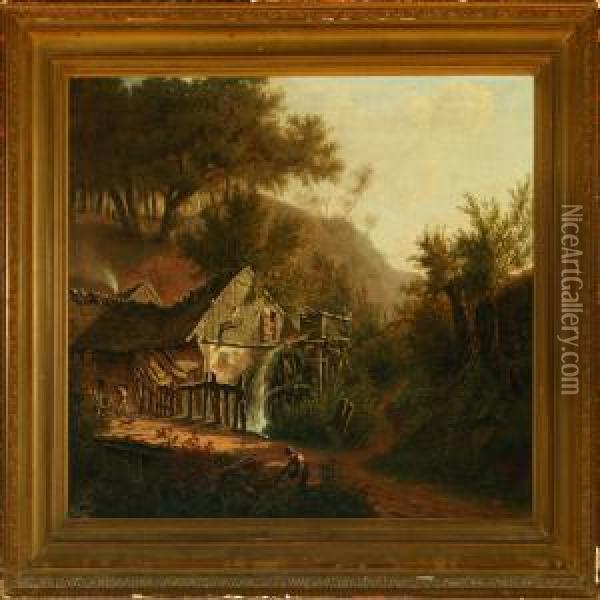 Haraldsborg Watermill At Roeskilde Oil Painting - I. P. Moller