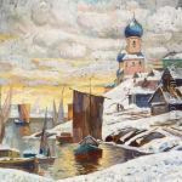 Winter Scene, Presumably From Novgorod Oil Painting - Konstantin Ivanovich Gorbatov