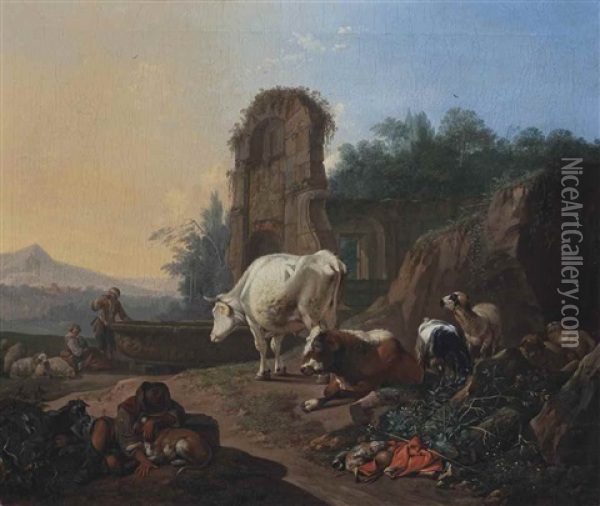 A Pastoral Landscape With A Sleeping Herdsman, Cattle, Goats And Sheep, A Fountain And Architectural Ruins Beyond Oil Painting - Johann Heinrich Roos