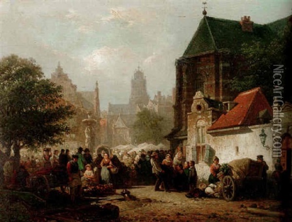 A Market Day On Zaltbommel Oil Painting - Elias Pieter van Bommel