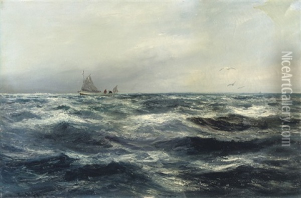 A Cornish Sea And Working Boat Oil Painting - Charles Napier Hemy