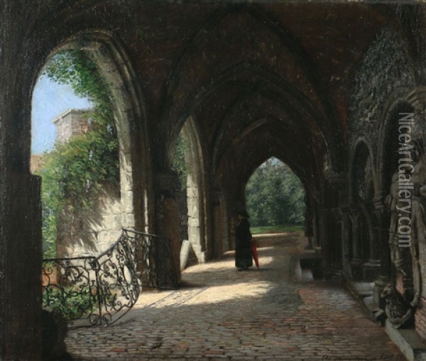 St. Bavon Abbey Cloister View Oil Painting - Adolf Heinrich Claus Hansen