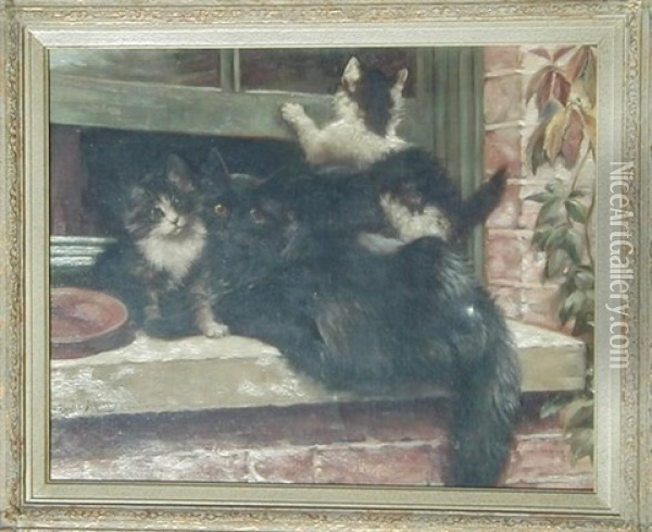 Cats Playing On Window Sill Oil Painting - Fannie Moody